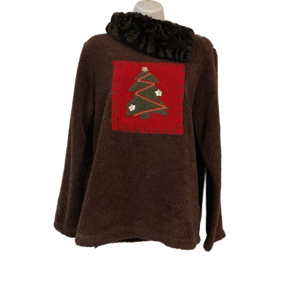 Rare Brown Fleece Sweater Red Christmas Tree xmas faux fur
